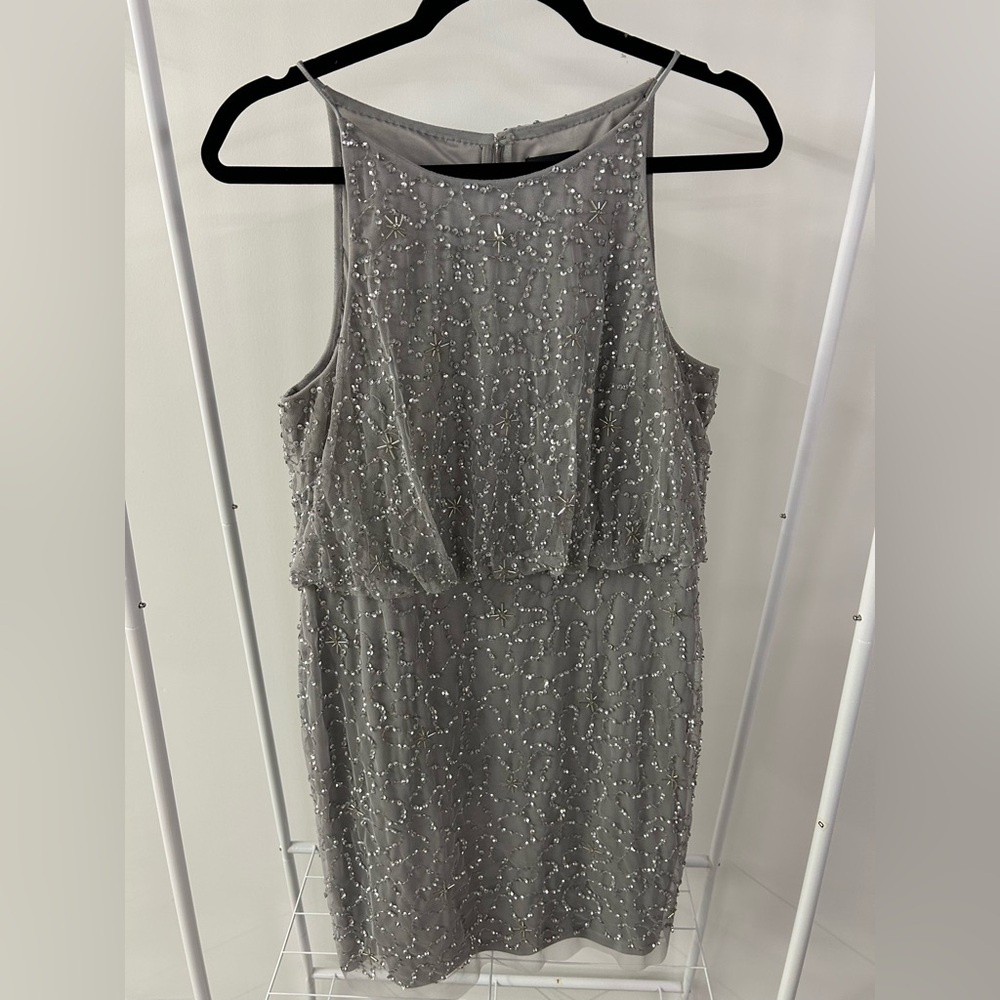 Adrianna Papell Silver Embellished Midi Dress